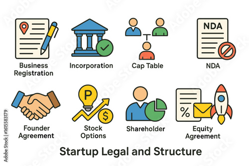 Set of colorful icons depicting startup legal and organizational concepts