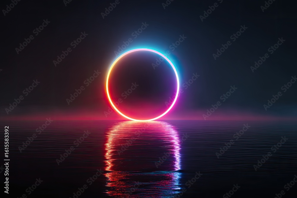 Obraz premium Neon circle portal over water