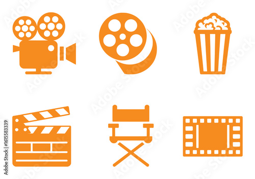 Movie icons camera film reel popcorn clapper board director chair cinema