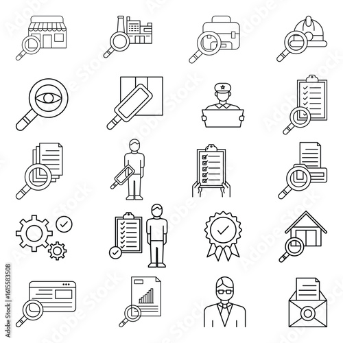 Business security inspection icon set vector illustration for compliance audit document verification checklist risk analysis quality control report management system.