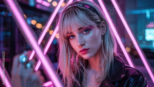 Young woman portrait with colorful neon lights cyberpunk aesthetic