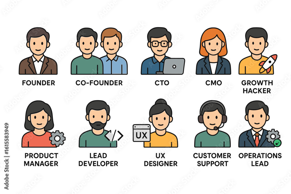 Modern minimalist cartoon characters illustrating various company roles Modern minimalist cartoon characters illustrating various company roles