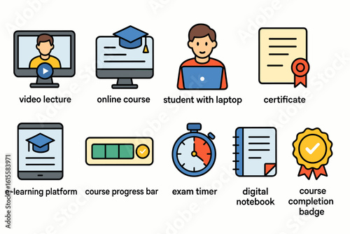 Set of educational flat-style icons for online learning and courses