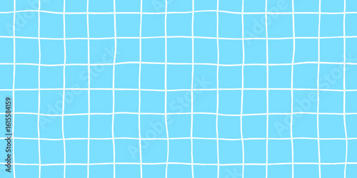 Check seamless pattern grid hand-drawn lines creating a playful background with blue square and wavy doodle textured stripes, perfect for cute designs and modern decor in vector crayon illustration.