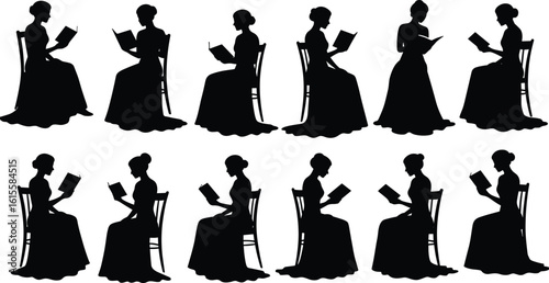 Collection of Elegant Victorian Women Reading Books, Diverse Silhouettes Capturing Literacy, Education, and Timeless Feminine Hobbies.