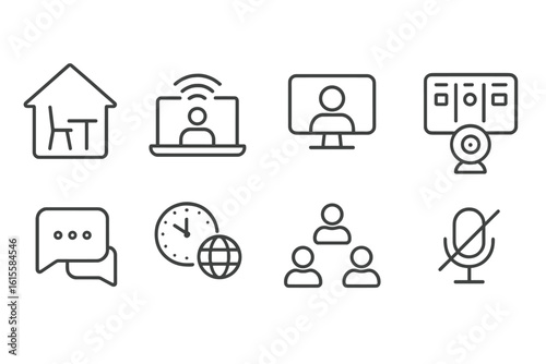 Set of black line icons for remote work and online communication tools