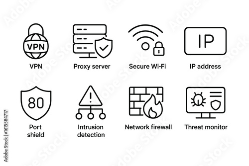 Set of black and white line icons for cybersecurity and network protection