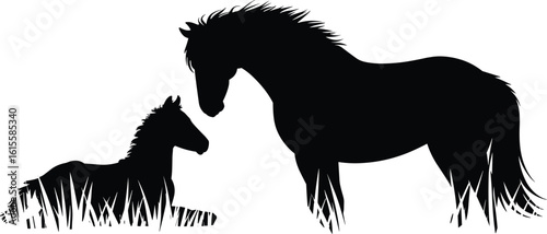 Horse silhouettes resting and standing in field—emotive black vector of peaceful equine pair for nature-themed and rural content