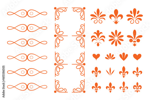 Orange decorative ornamental elements and flourishes swirls