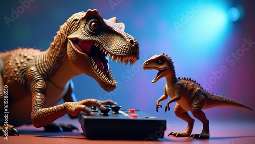 Fototapeta Naklejka Na Ścianę i Meble -  Two playful dinosaur figurines interacting with a vintage-style  controller.