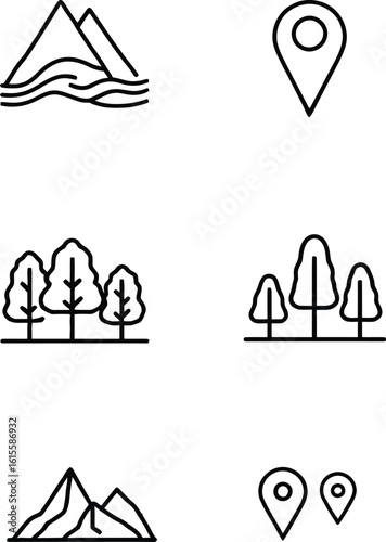 Nature and Location Icon Set Featuring Stylized Mountains, Tree Clusters, and Map Pins