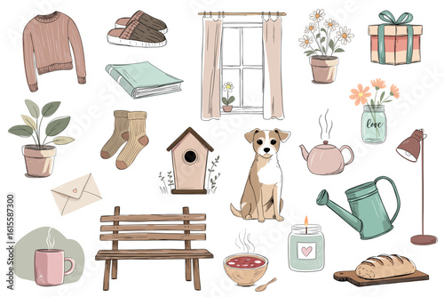 Cozy home sketch set with dog, window, cup, bench, candle, plant in pastel colors. Hand drawn doodle style