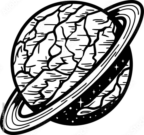 Hand drawn illustration of a ringed planet with detailed texture and outer space accents