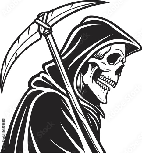 A menacing grim reaper with a scythe stands cloaked in darkness, a symbol of mortality