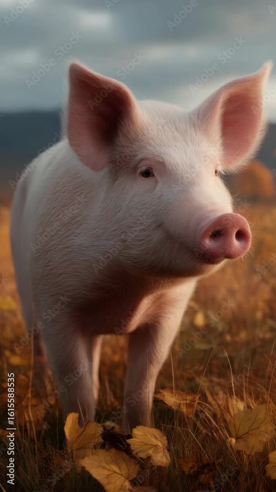 Sweet pink pig in autumn field, sun setting behind Sweet pink pig in autumn field, sun setting behind