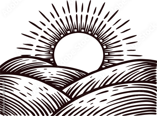 Hand drawn sunrise over rolling hills illustration with stylized rays and textured landscape lines