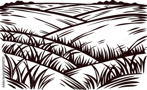 Hand drawn engraving of rural farmland with field and grass on horizon, black and white illustration