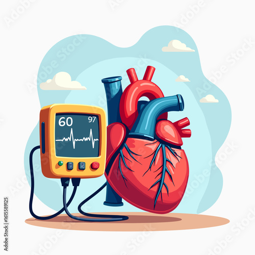 Cartoon Heart with EKG Monitor Illustration – Educational Medical Graphic Front View

