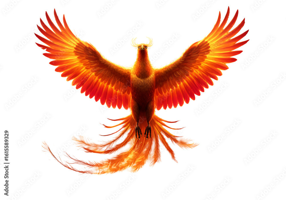 Obraz premium Fiery Phoenix Illustration With Orange Flame Wings On Black Background