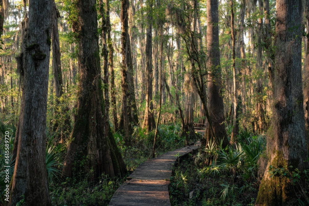 Naklejka premium A wooden boardwalk winds through a lush subtropical forest, with tall cypress trees and vibrant greenery, inviting nature lovers to explore this tranquil haven, Southeast, Humid Subtropical habitat