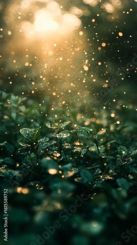 Green Plants Glowing with Soft Light in Enchanted Garden