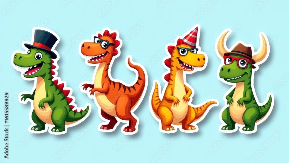 Fototapeta premium Four cartoon dinosaurs in party attire.