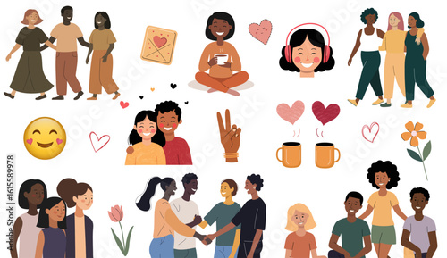 Friendship and love set with cute people, hearts, cups. Flat illustrations of happy friends with different skin colors.