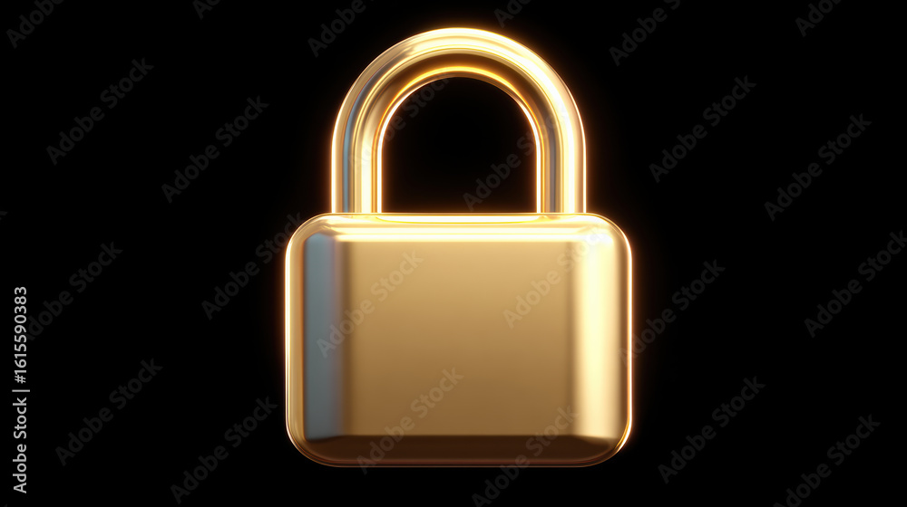 Fototapeta premium Golden padlock shining with glowing effect on black background