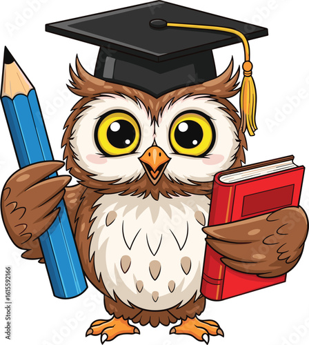 Cartoon owl with graduation cap vector—educational character holding pencil and book for school themes, learning media, and academic clipart