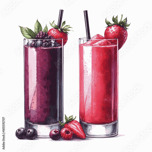 Aqua Fresca Bloom Strawberry Elderberry Smoothie isolated watercolor vector illustration svg