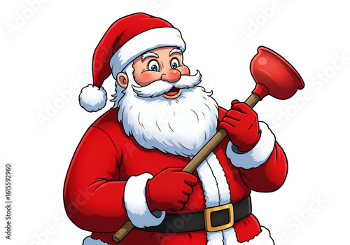Funny Illustration Of Santa Claus Holding Plunger And Smiling Christmas Holiday Theme