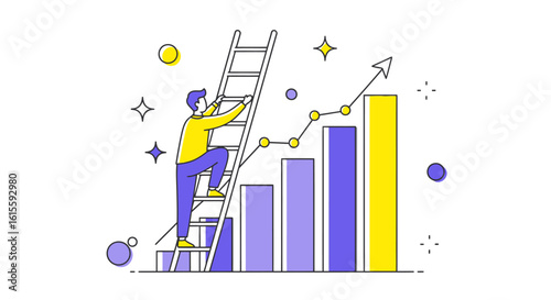 A Motivated Individual Ascending a Ladder Towards Success, Symbolizing Growth and Achievement with Vibrant Graphs and Positive Trends in a Modern, Flat Design Illustration