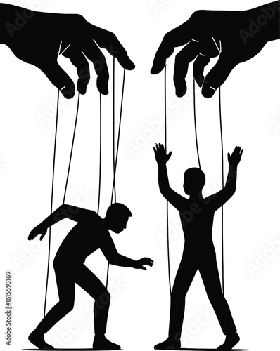 Conceptual silhouette of controlling hands manipulating human figures, puppeteer metaphor, power, influence, authority, dominance, behavior, black illustration, strings