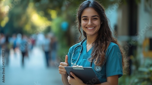 Smiling young female medical professional with stethoscope and clipboard outdoors, giving thumbs up.