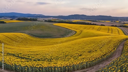 Sunflower fields roll across the landscape beneath a dusky, pastel sky