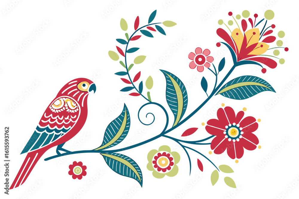 Fototapeta premium Stylized red parrot on a branch with flowers isolated on white background