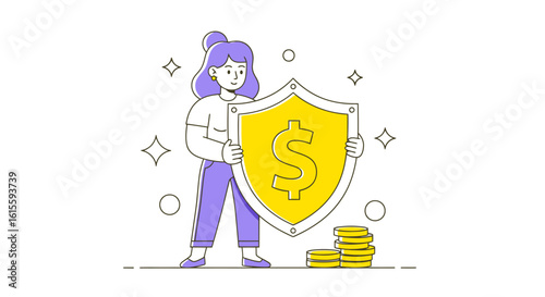 Empowered Financial Security: A Young Woman Holding a Bright Yellow Shield With a Dollar Symbol Symbolizing Money Protection and Wealth Management in a Vibrant and Cheerful Style