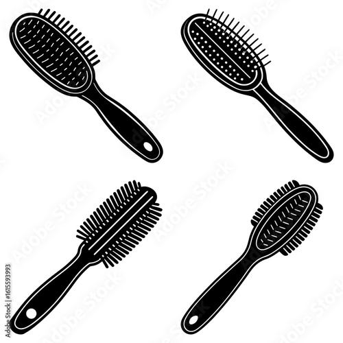 Four black and white illustrations showcasing different types of hairbrushes with varying bristle designs