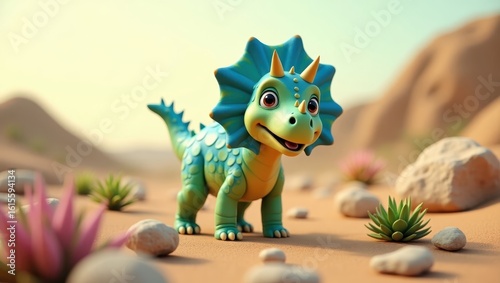 Fototapeta Naklejka Na Ścianę i Meble -  Cartoon dinosaur in a desert landscape.