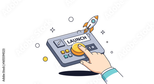 Vibrant Illustration of a Hand Pressing a Launch Button to Initiate a Rocket Takeoff, Symbolizing Innovations and New Beginnings in Technology and Entrepreneurship