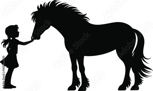 Silhouette of girl touching horse—gentle moment illustration with ponytail and flowing mane for animal bonding and countryside themes