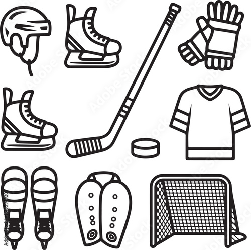 Ice Hockey Gear Outline Icons Set Helmet, Stick, Skates, Gloves, Puck, Jersey, Shin Guards, and Goal Net Equipment Vector Pack
