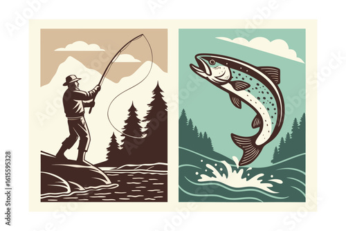 Fisherman casting line on riverbank with jumping trout fishing water