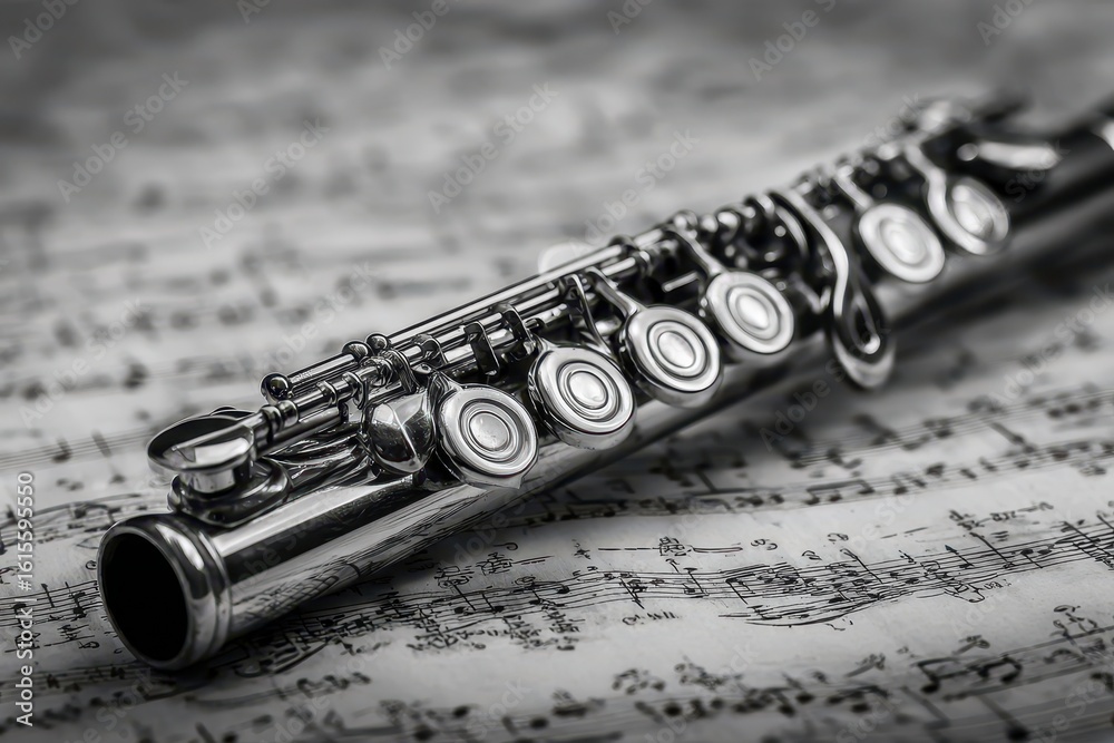 Obraz premium Monochrome picture of a flute with musical notes in the backdrop the keys are visible and the flute is angled diagonally
