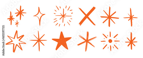 Orange starbursts and sparkles hand drawn graphic elements shine twinkle