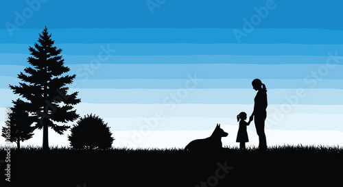 Silhouette of mother and child with dog under tree, sunset landscape, peaceful nature, family bonding, emotional moment, outdoor togetherness