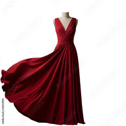 Elegant Red Dress Photo In Studio With Flowing Fabric And Transparent Background