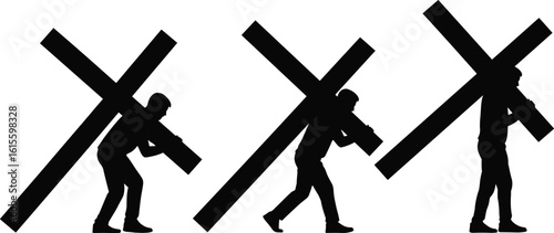 Silhouette of person carrying heavy cross, symbol of struggle, burden, perseverance, faith, hardship, endurance, strength, isolated vector illustration