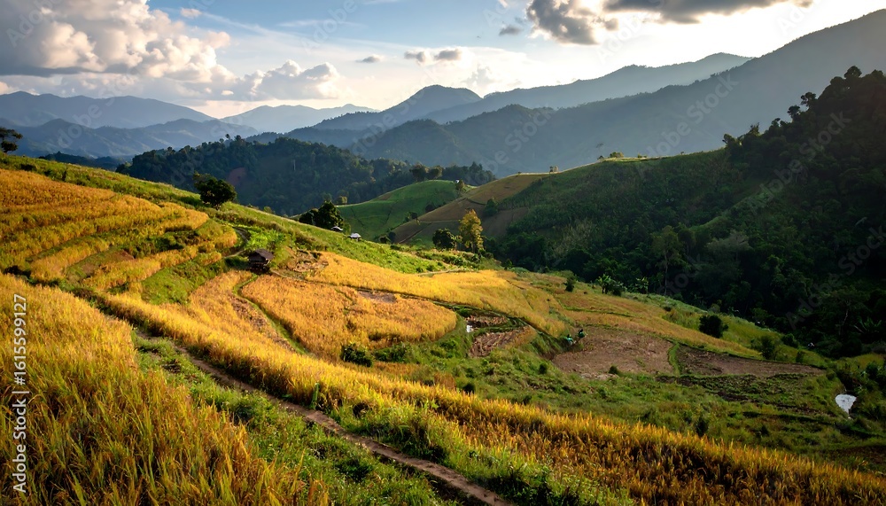 Naklejka premium Golden terraced rice fields in a mountain valley