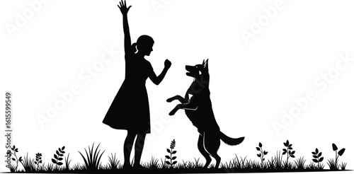 Silhouette of person training dog outdoors, gesture communication, pet obedience, nature scene, companion animal bonding, isolated black illustration